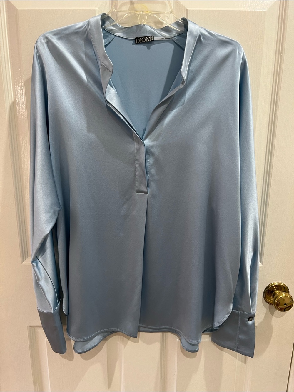 DiOMi Women’s 100% Silk Classic Band Collar  Blouse Sz L Blue Opal Designer